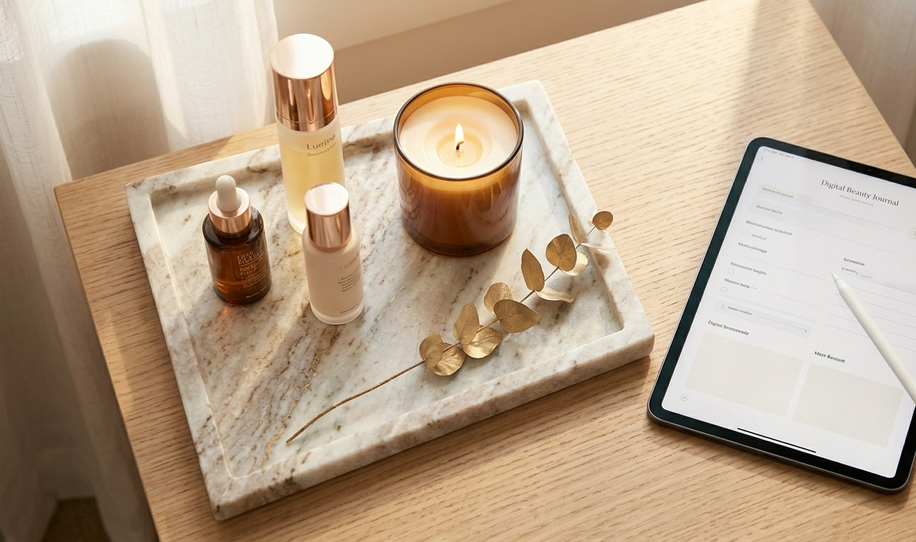 A beautifully arranged vanity tray in marble white with three elegant skincare bottles, a lit cream candle, a tiny sprig of eucalyptus, and an iPad resting nearby with a digital beauty journal open — minimalist and luminous