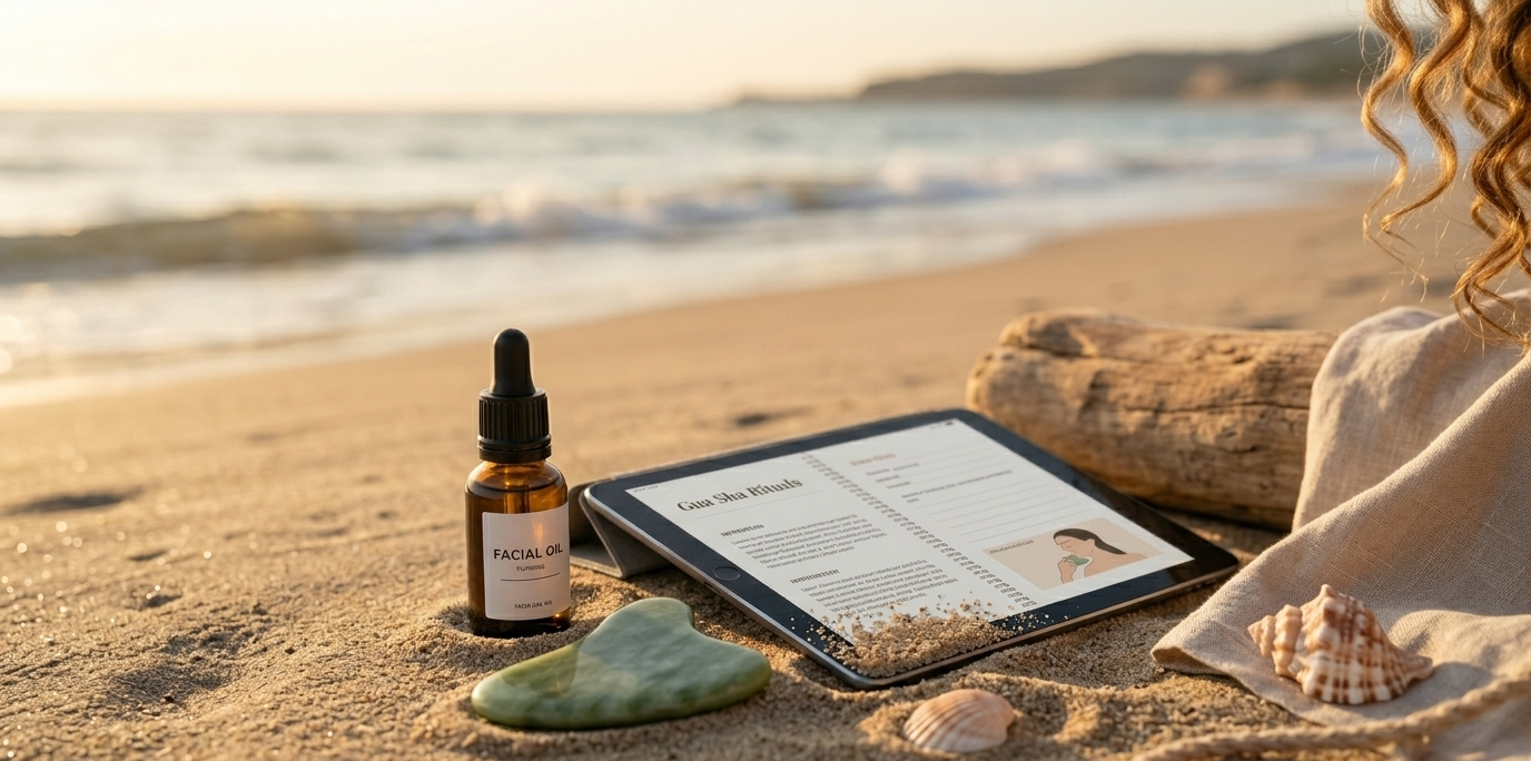 A Gua Sha stone and small bottle of face oil resting on sun-warmed sand beside an open digital wellness journal on an iPad — soft golden light, the sound of the sea just out of frame