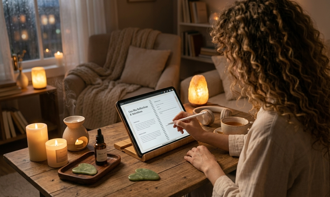 A woman writing in her digital self-care journal on an iPad at a softly candlelit desk — a Gua Sha stone and face oil on the surface beside her, the atmosphere warm, calm, and deeply intentional