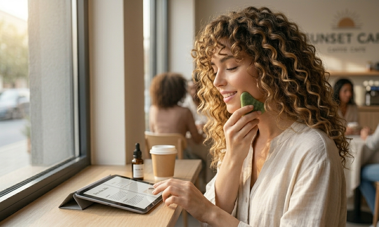 A woman gently using a Gua Sha stone along her jawline near a soft morning window — an open digital beauty ritual journal on her iPad rests on the windowsill beside her, the scene tranquil and intentional