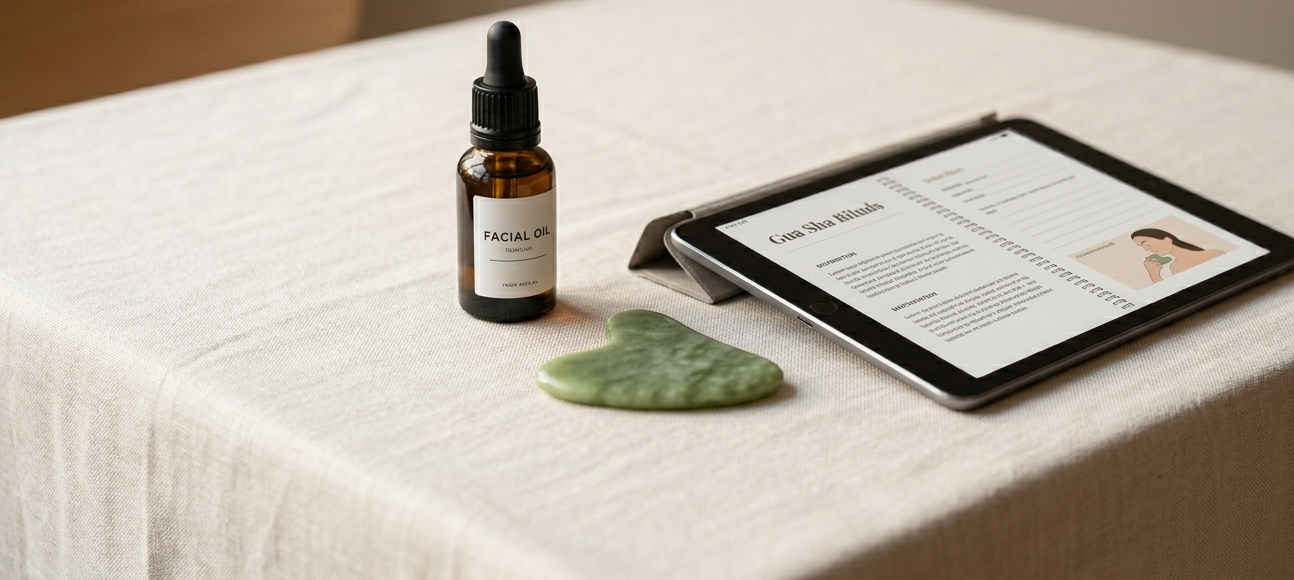 A minimal flat lay of a jade Gua Sha stone and a glass bottle of face oil resting on a linen surface beside an open digital self-care planner on an iPad — soft morning light, clean and intentional