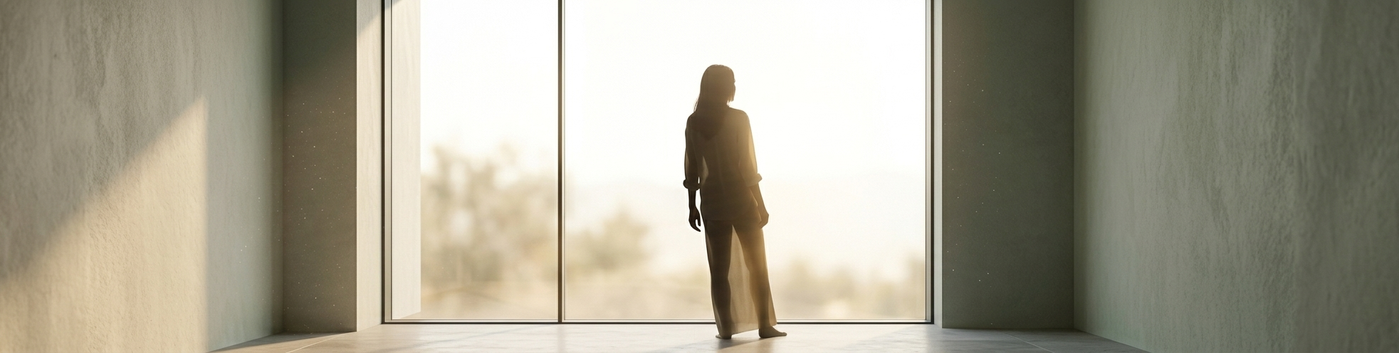 A minimalist scene of a woman standing near a large window, light flooding in around her, her silhouette calm and grounded — a metaphor for emotional clarity after heartbreak