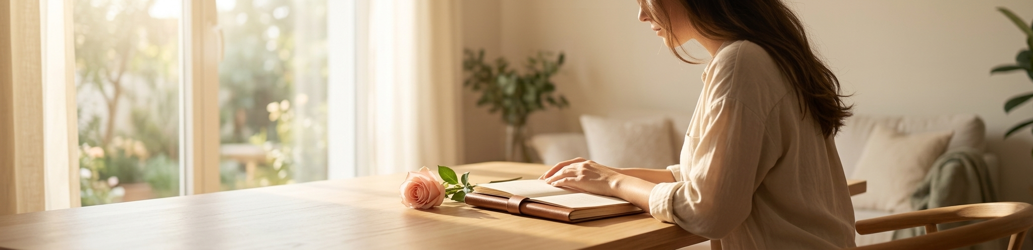 A woman sitting alone by a sunlit window, a single flower resting on the table beside her journal, soft light catching the curves of her hands — a quiet moment of deep reflection and inner renewal