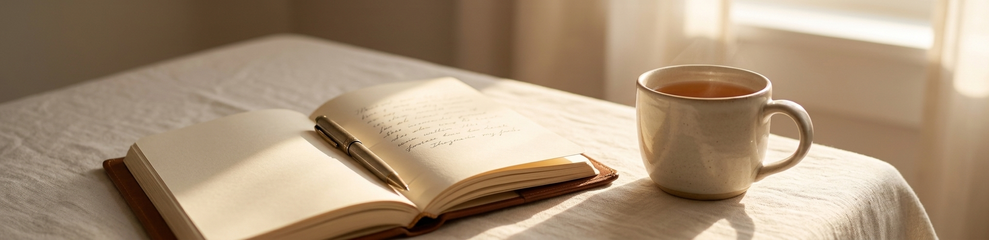 An open journal on a cream linen surface with a warm mug of tea, morning light streaming across the pages — a ritual of self-reconnection