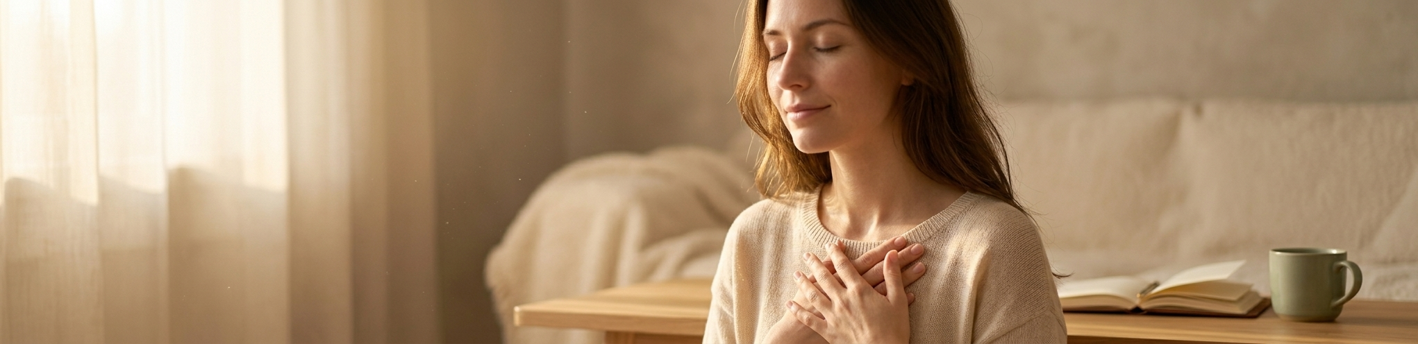 A woman with her hands gently placed over her heart, eyes closed, in a softly lit room — a moment of conscious self-compassion and inner healing