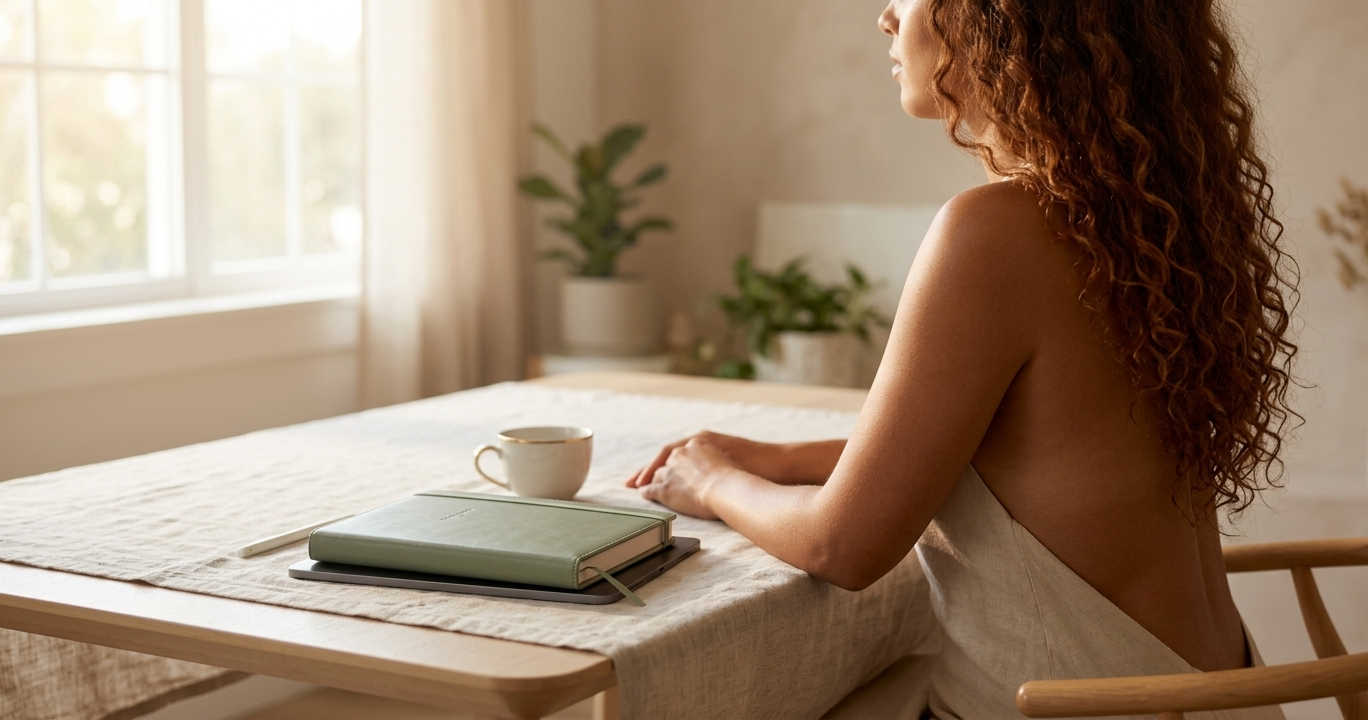 A woman sitting with serene composure at a minimal desk, a closed digital manifestation journal on her iPad resting nearby, soft morning light filling the space — the stillness radiates quiet confidence and inner luxury