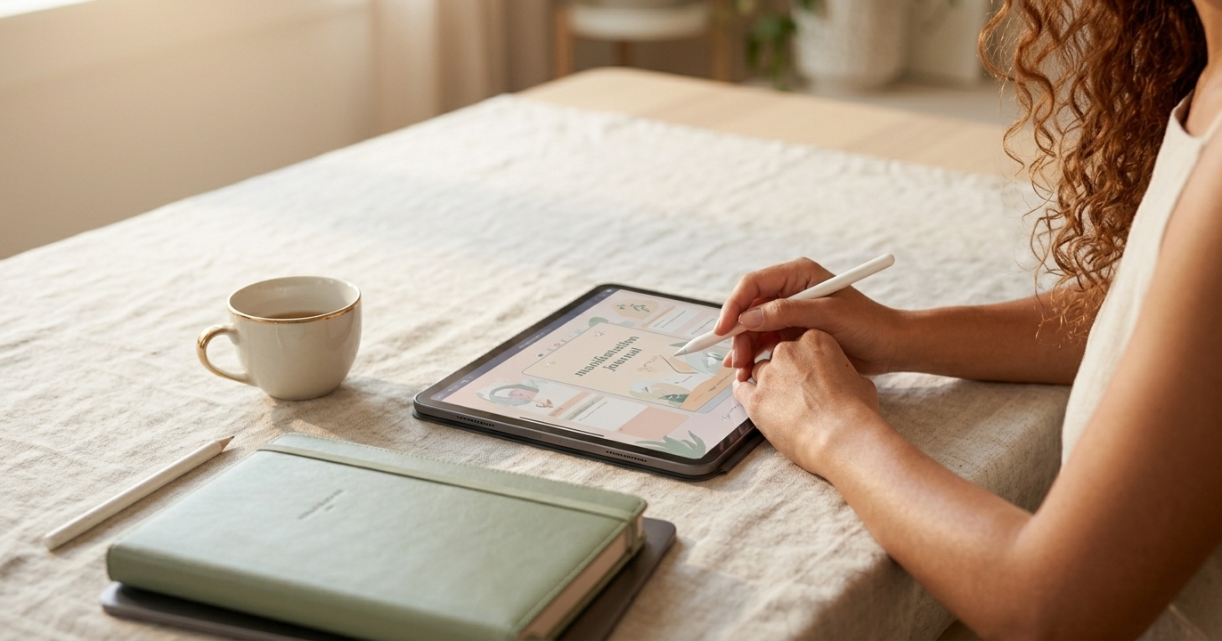 A woman's hands resting calmly on a minimal desk beside an open digital journal on an iPad, a single cup of tea nearby — the scene of someone comfortable with stillness and intentional thought
