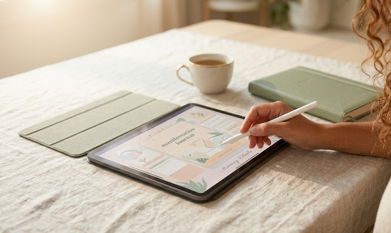 An iPad open to a digital manifestation journal on a linen-covered table in soft morning light, a pen resting beside it — the beginning of a quiet, intentional ritual