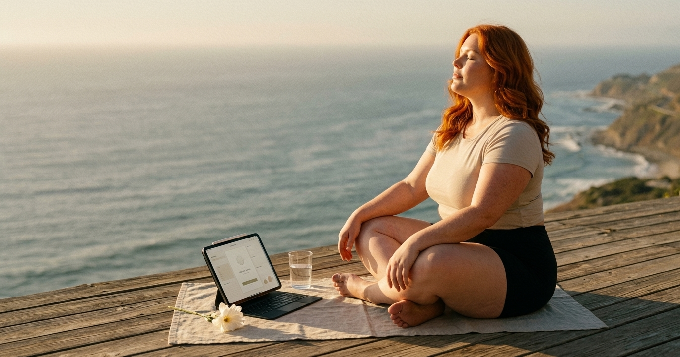 A woman sitting barefoot on a sun-drenched coastal terrace, eyes closed and face lifted toward golden light, a digital wellness journal open on her iPad beside a glass of water and a single white flower — complete stillness, peace, and intentional self-care