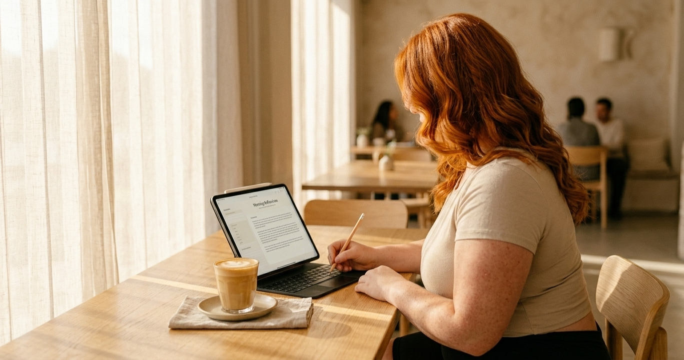 A woman writing in a digital journal on her iPad at a quiet café table, a warm latte beside her, morning light filtering through the window — she looks peaceful, absorbed in the gentle ritual of capturing her thoughts and intentions