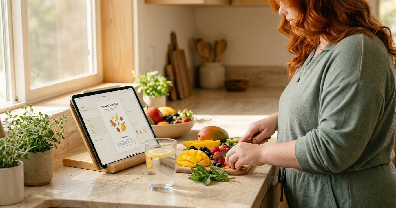A woman at a sunlit kitchen counter, slicing fresh fruit beside a glass of water and a small bowl of herbs — a digital wellness journal open on her iPad tracking her nourishment rituals, the scene calm and intentional