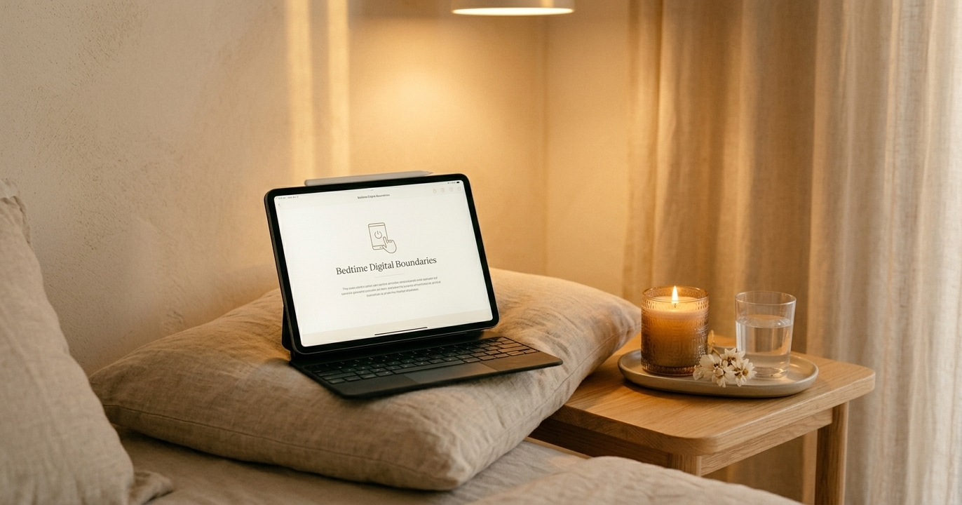 A softly lit bedside corner with a linen pillow, a scented candle, and a closed iPad resting on a small tray beside a glass of water and dried flowers — representing the intentional ritual of switching off and creating a calm, screen-free sanctuary before sleep