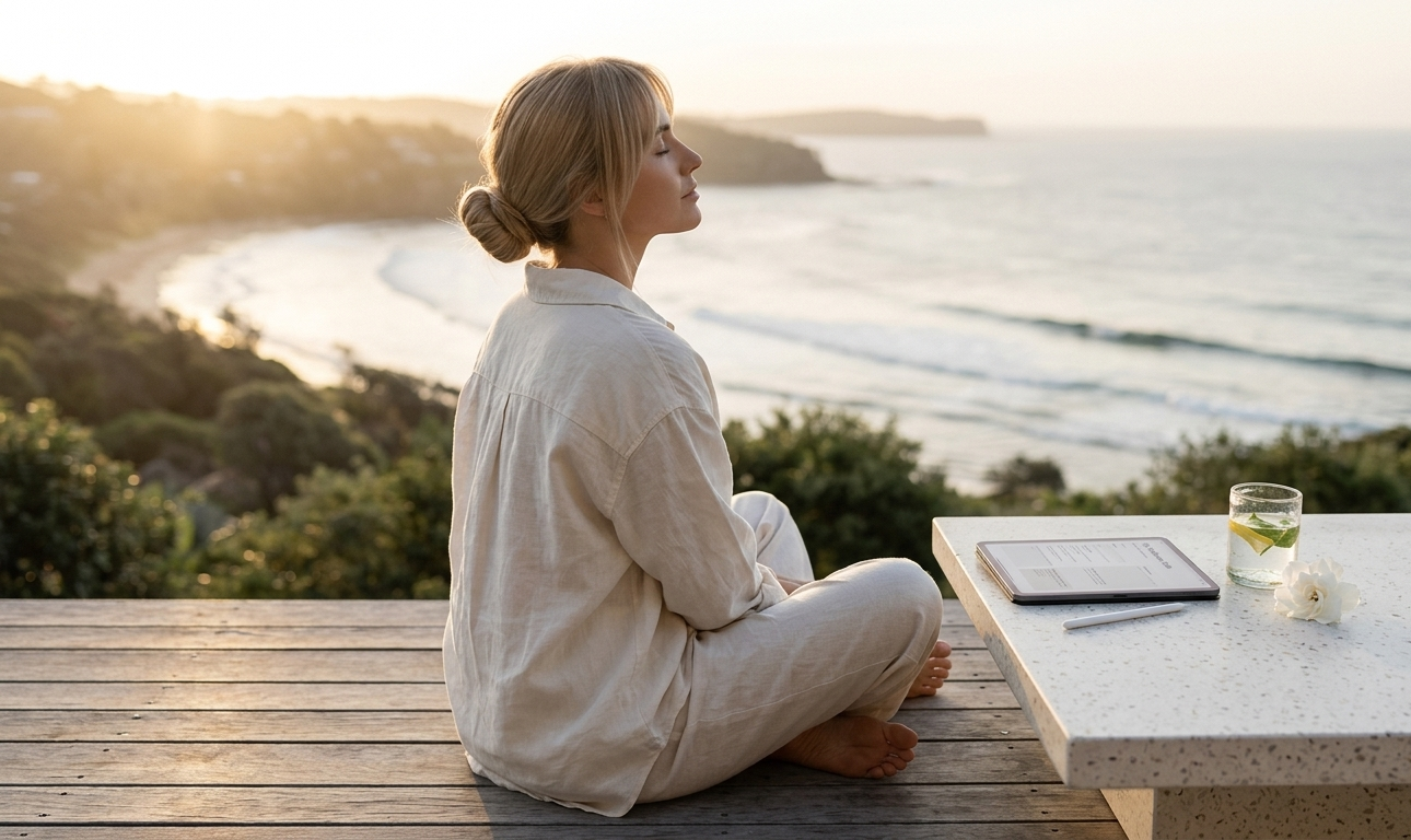 A woman sitting barefoot on a sunlit coastal terrace, a open digital wellness journal resting on her iPad beside a glass of water and a single white bloom — eyes gently closed, face turned toward the golden light, radiating complete stillness and the quiet magnetism of someone who has chosen herself, completely