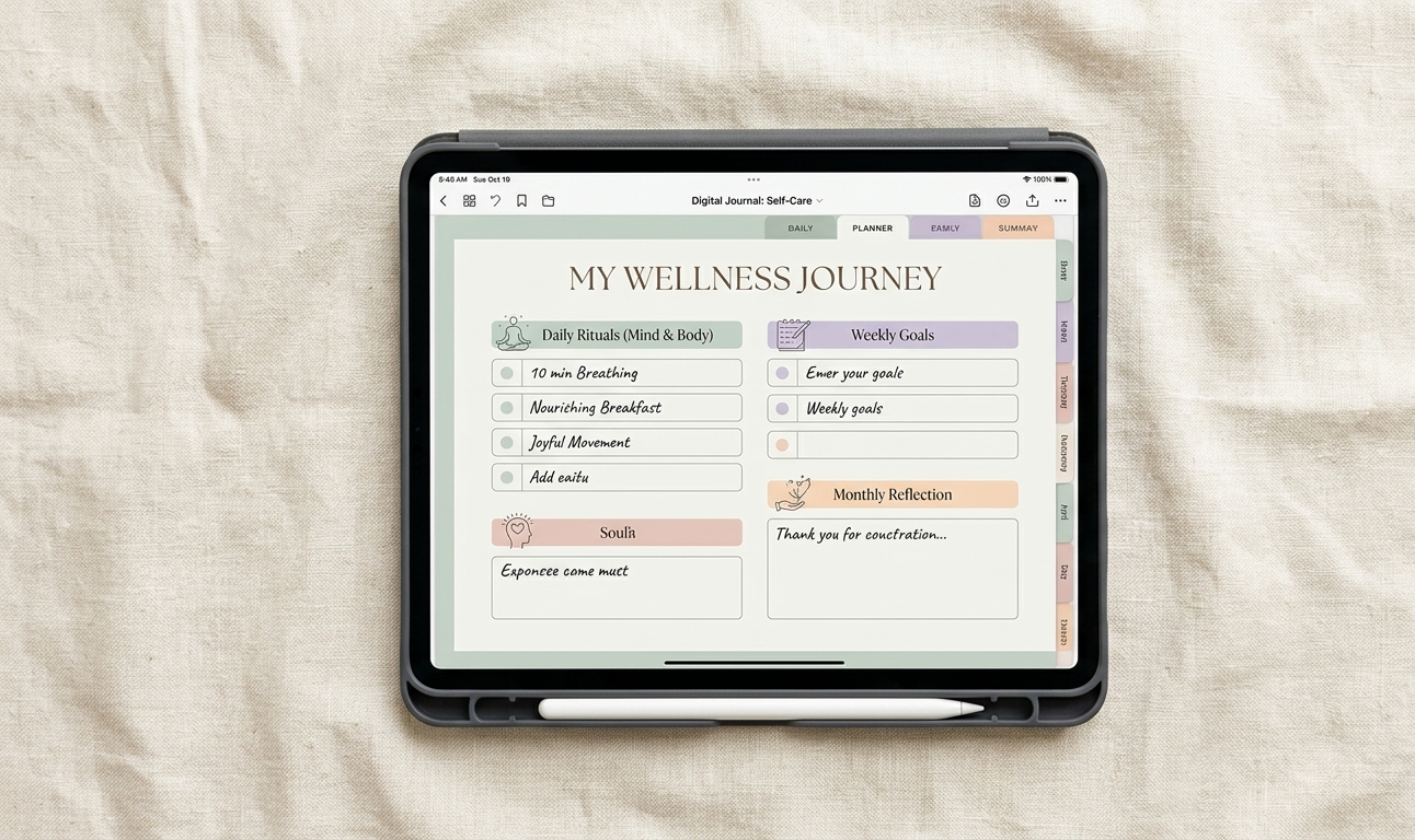 An iPad lying open on a cream linen surface, displaying a beautifully designed holistic wellness digital planner with soft pastel colours, daily self-care sections and weekly check-ins, an Apple Pencil resting beside it — the essence of intentional, organised self-care