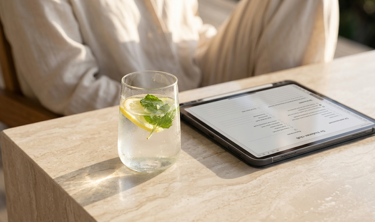 A minimal marble surface with a tall glass of water with lemon slices and fresh herbs, a small open digital wellness journal beside it, morning light streaming softly across the scene — the quiet elegance of a hydration ritual