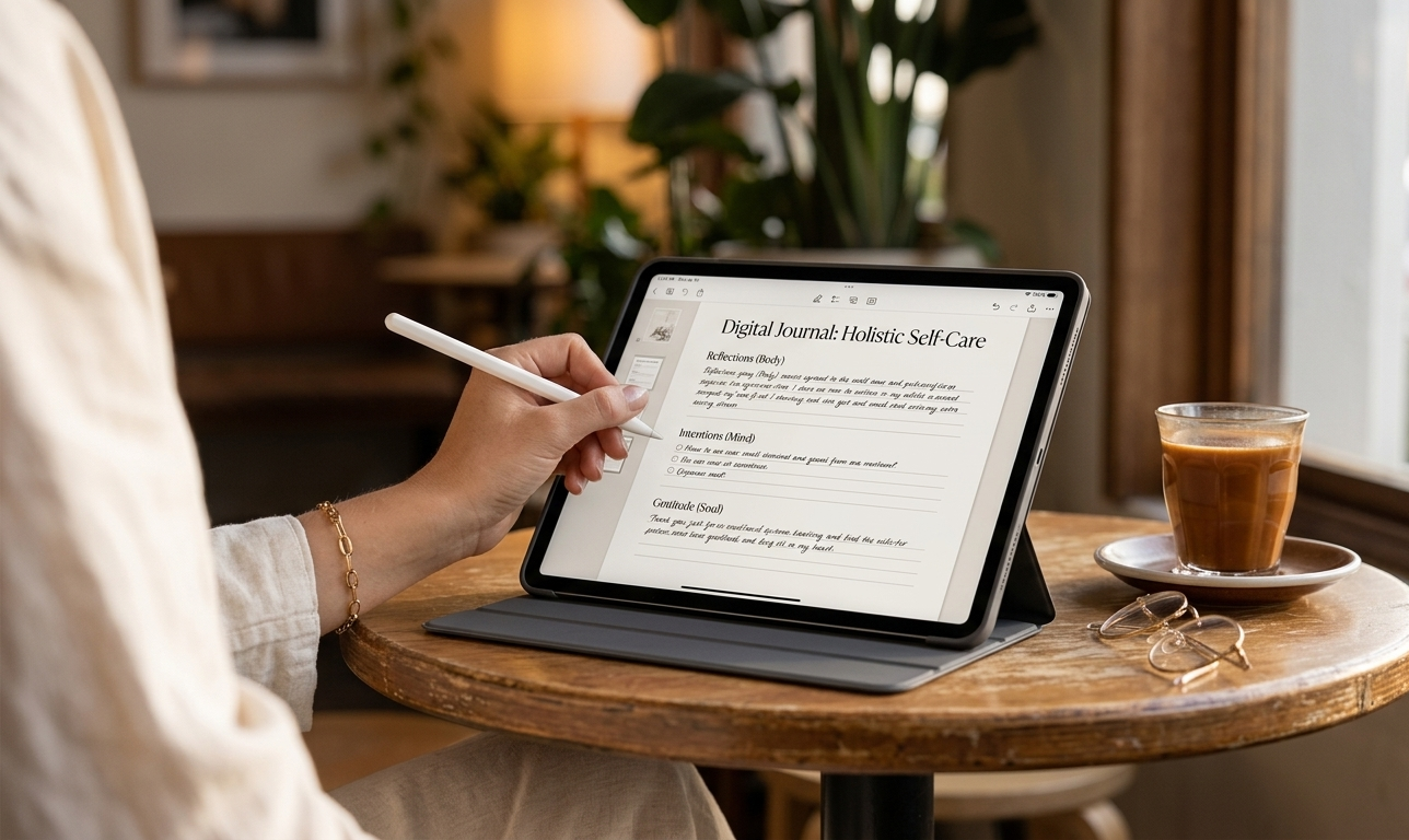 A woman seated at a sunlit café table, her open digital planner resting on her iPad beside a warm drink, her hand holding a stylus as she journals — the scene radiating quiet mental clarity and intentional reflection