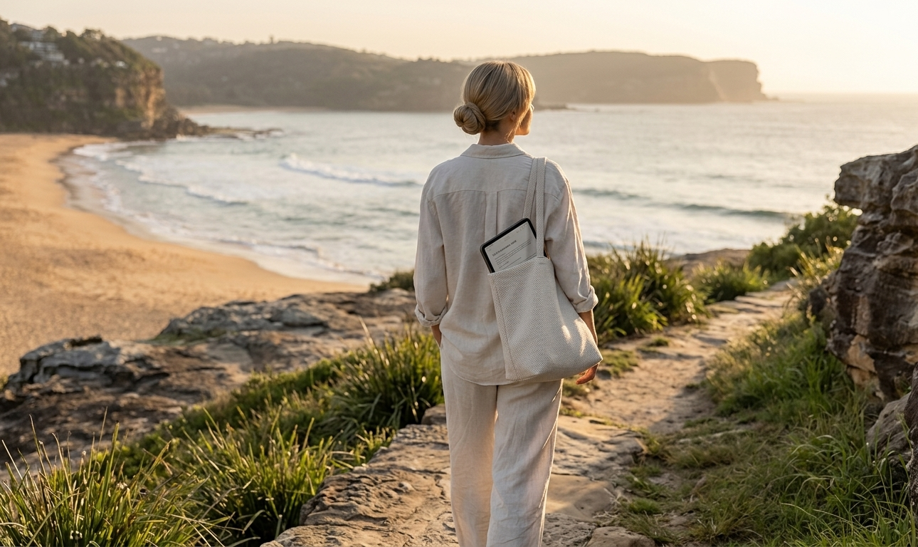 A woman walking alone on a coastal path at golden hour, a small digital wellness journal visible in her open tote bag — the scene radiating ease, solitude, and the quiet joy of choosing yourself