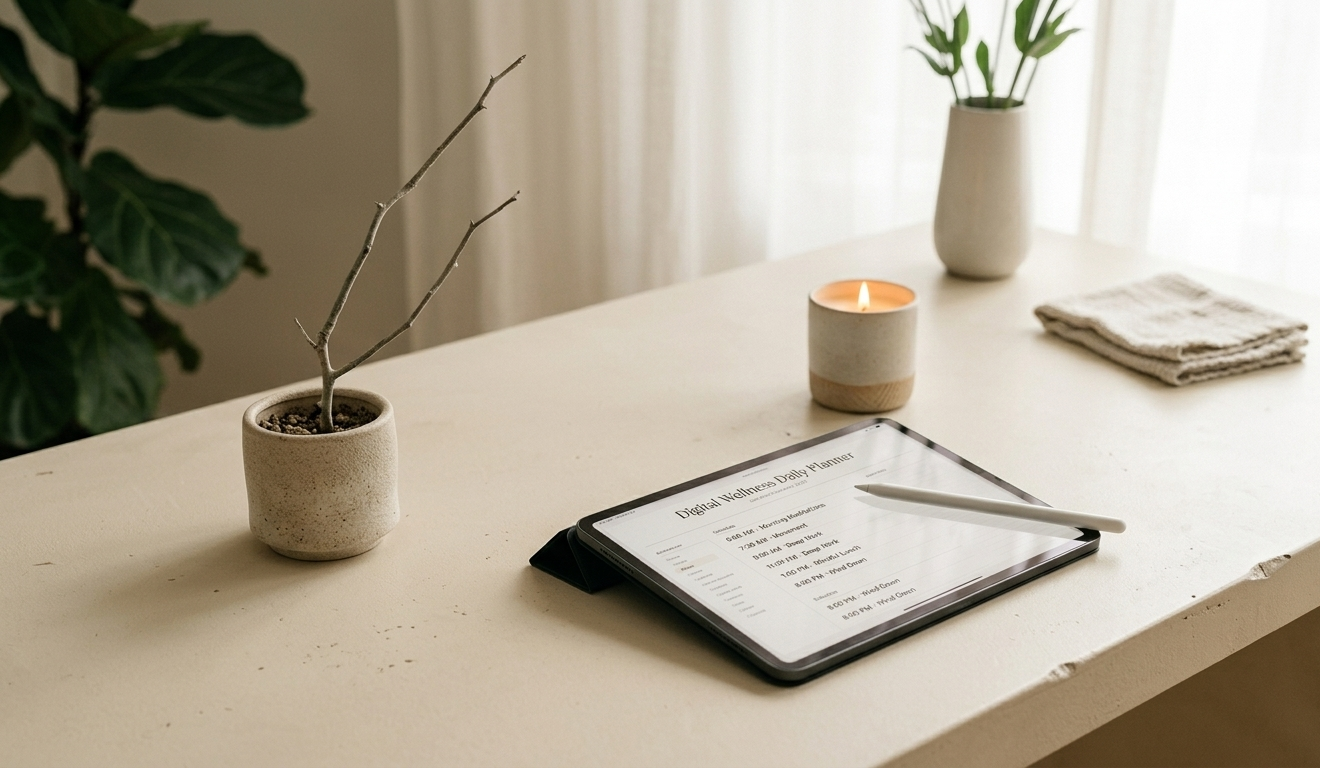 A minimal cream desk with a neatly stacked open digital planner on an iPad, a single lit candle, and a small bunch of dried flowers — the scene radiates order, calm, and intentional daily ritual