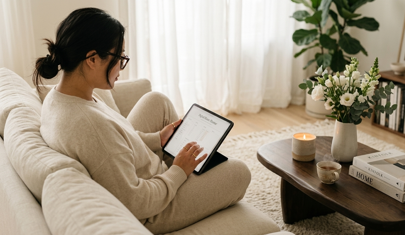 A woman in soft linen clothing curled up on a cream sofa in a serene, minimal living room — candles lit, fresh flowers on the coffee table, her digital home planner open on her iPad nearby, the scene radiating complete peace and intentional sanctuary energy