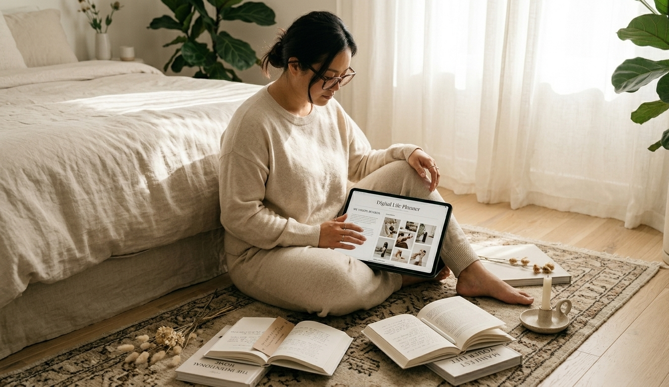 A woman sitting cross-legged on a sun-drenched bedroom floor, surrounded by open books, a small vase of fresh flowers, and her iPad open to a beautifully designed digital life planner — a quiet moment of building a life that looks like her