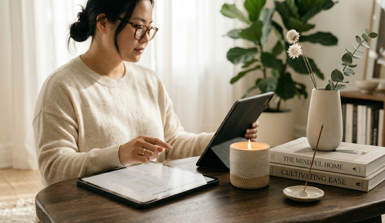 A beautifully styled coffee table vignette — a lit pillar candle, a small ceramic vase with a single white bloom, an artfully stacked coffee table book, and a corner of an open digital lifestyle planner on a nearby iPad, all bathed in warm afternoon light