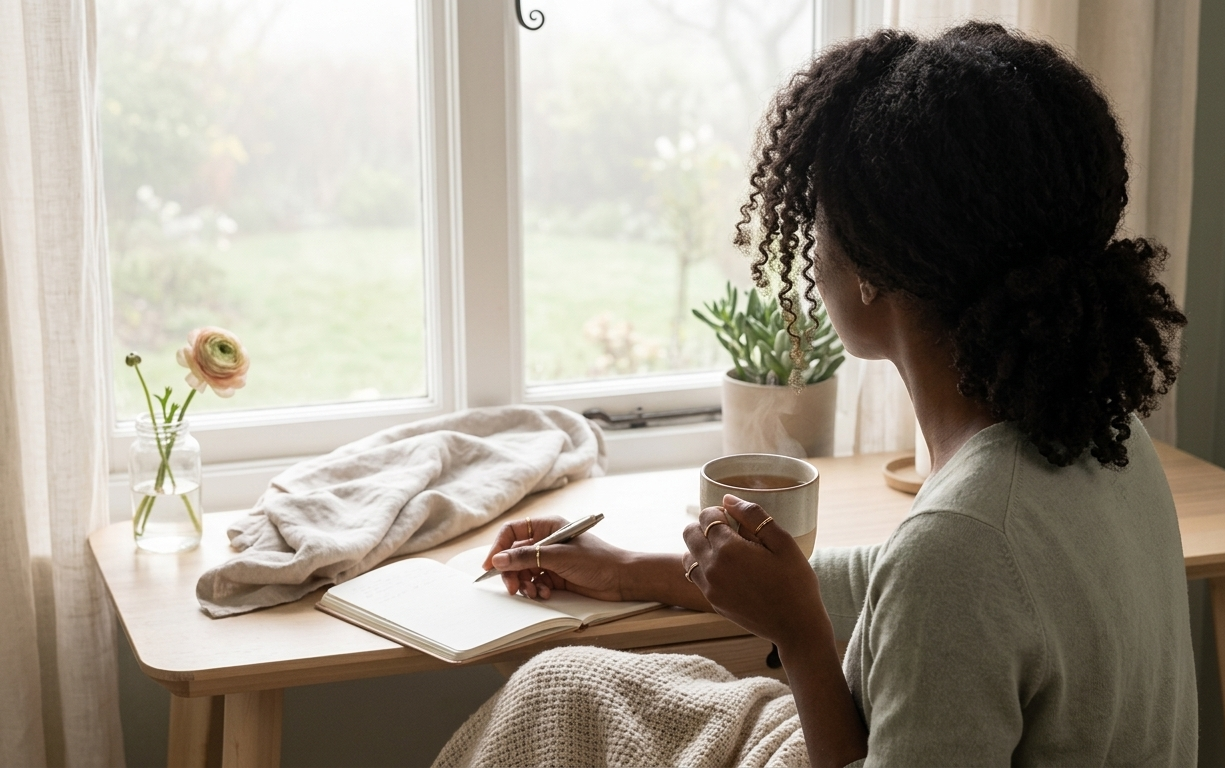 A woman sitting peacefully near a window with soft morning light, holding a journal and a warm cup of tea