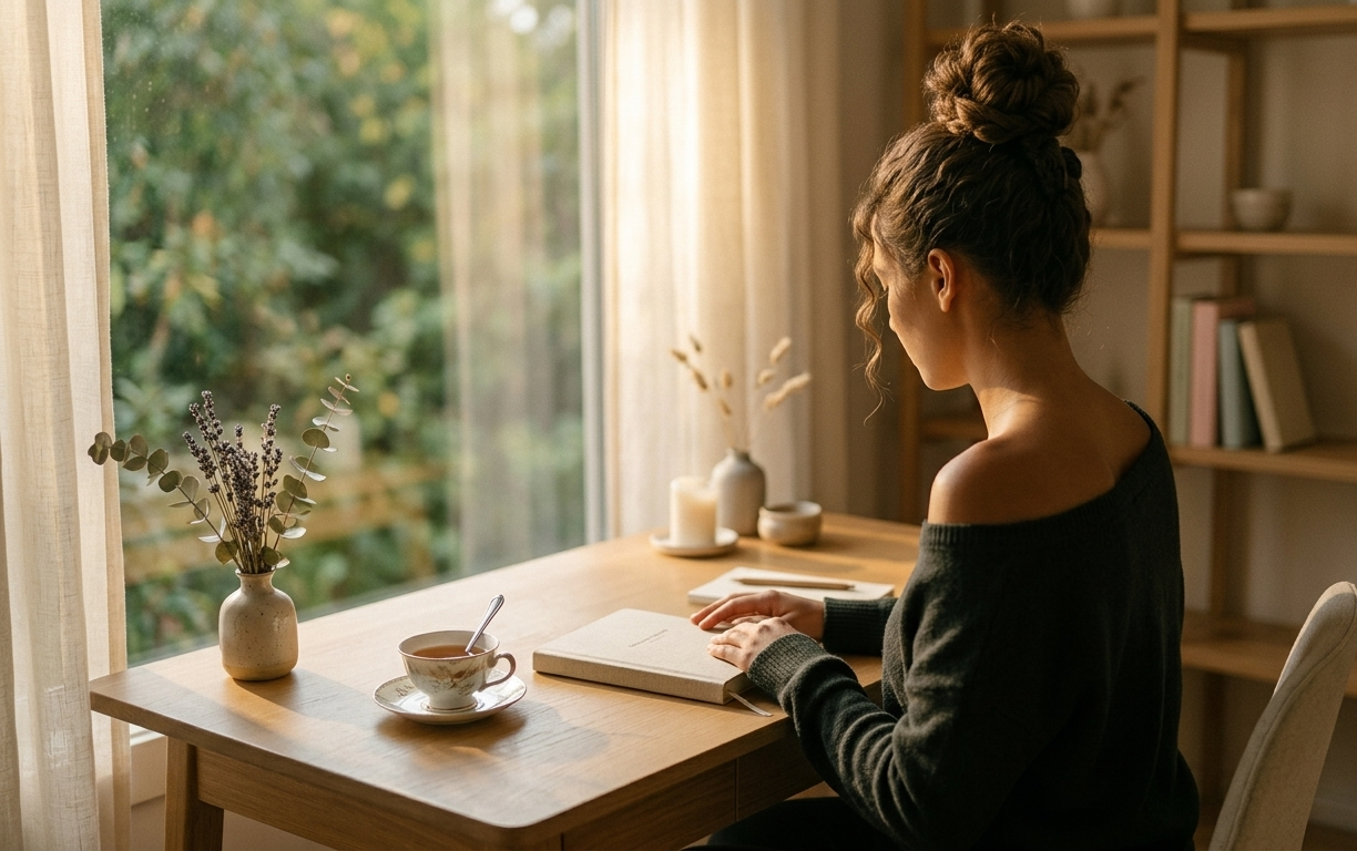 A woman sitting serenely at a sunlit desk with a journal and morning tea, radiating calm, focused intention