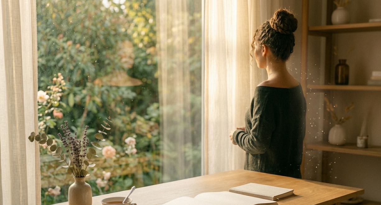 Woman standing by a large window in soft morning light, eyes closed, hands gently resting at her sides — a moment of energetic alignment and inner stillness