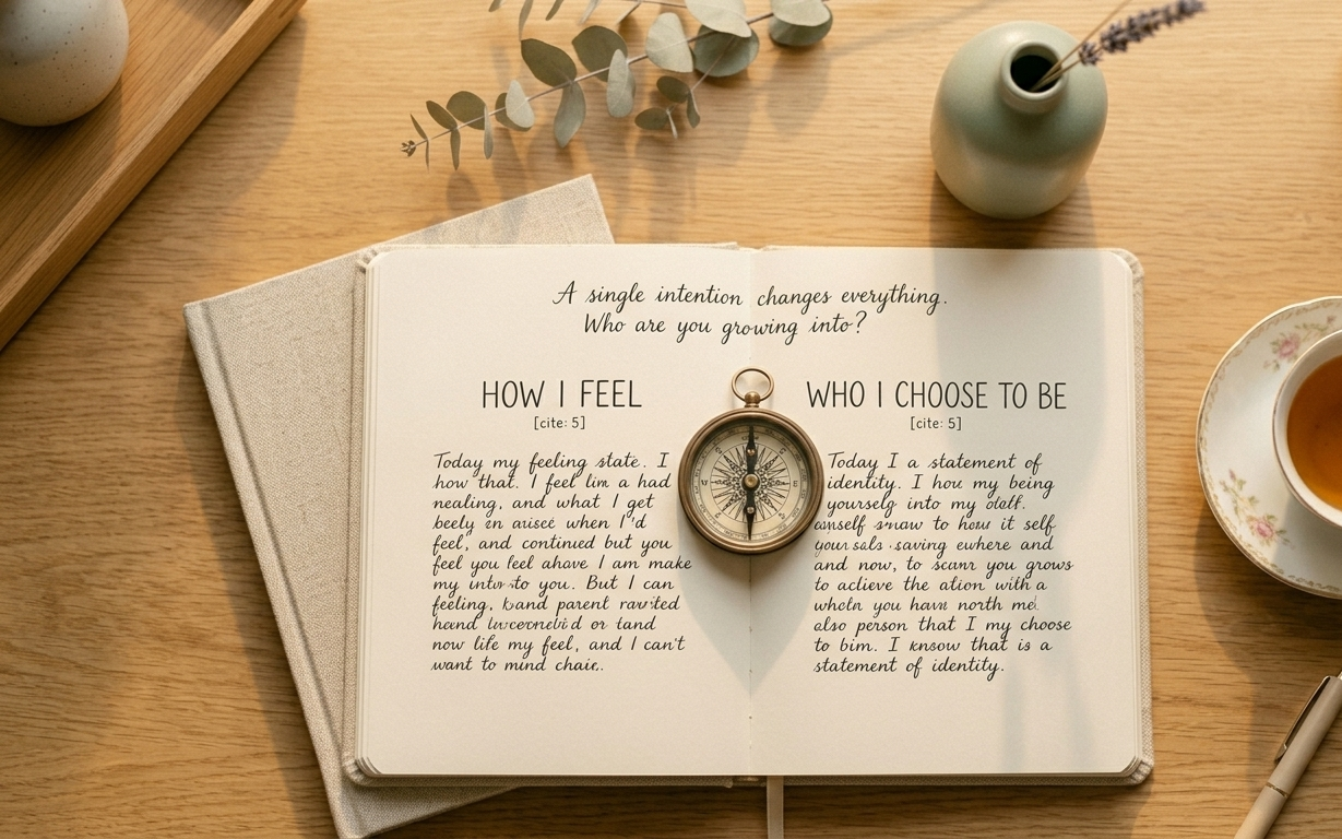 Elegant flat lay with a journal open to two pages — one labeled 'how I feel' and one labeled 'who I choose to be' — soft cream and sage tones