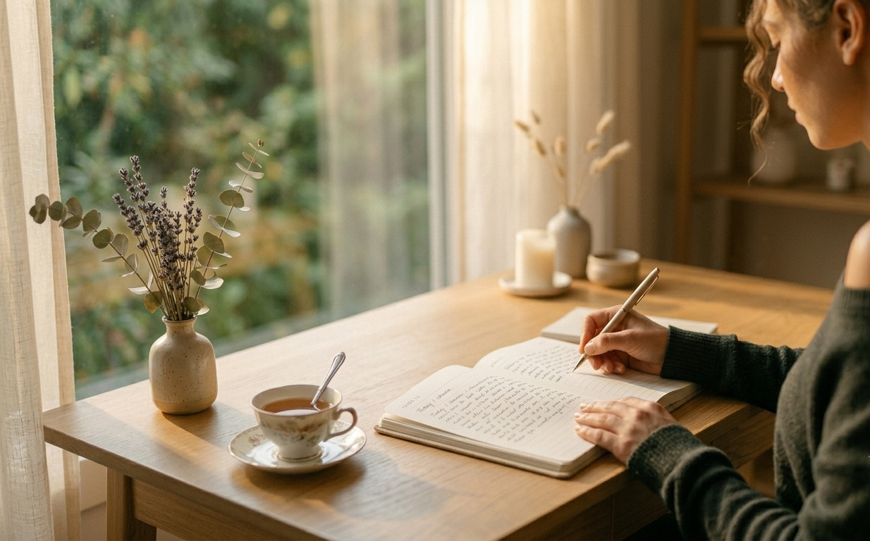 Woman writing her morning intentions in a journal by a sun-drenched window, soft golden light, minimal aesthetic