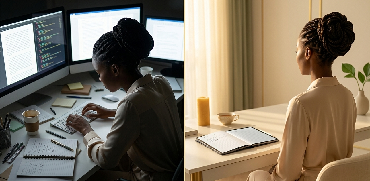 Two contrasting scenes side by side — one of a cluttered, rushed workspace with scattered papers and a glowing screen at night; the other of a calm, sunlit desk with a single open digital planner, a candle, and complete stillness. The difference in energy is palpable.