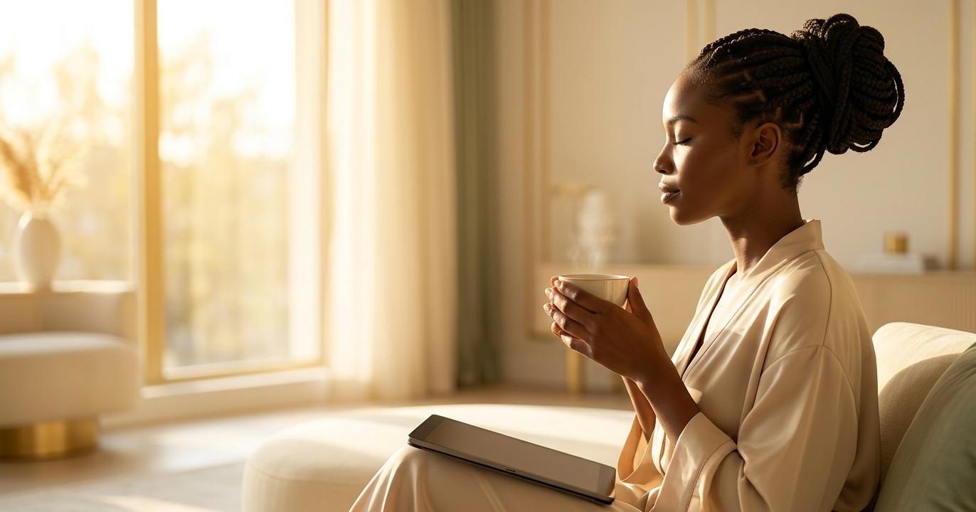 A woman sitting gracefully at a sunlit window, completely still, a cup of tea cradled in both hands and her eyes softly closed — the morning light wrapping around her like an invitation. She is not reaching for anything. She is simply being — and you can feel the world leaning toward her.