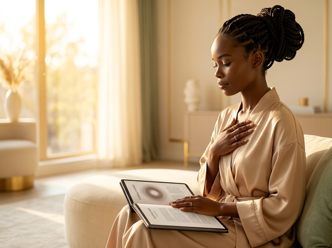 A woman seated serenely at a minimal desk, her digital manifestation journal open on her iPad, one hand resting softly over her heart. The room is warm, uncluttered, and golden. She looks like someone who already knows the answer.