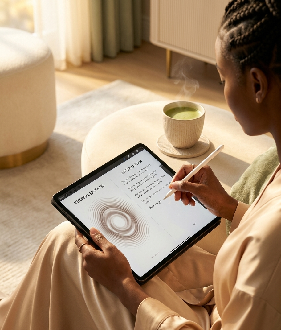A close-up of soft hands holding an Apple Pencil over an open digital manifestation journal on an iPad, warm morning light streaming across the scene. A cup of matcha sits beside it, steam rising gently. The page is open to a beautiful intentions spread — the feeling is sacred, unhurried, and quietly powerful.