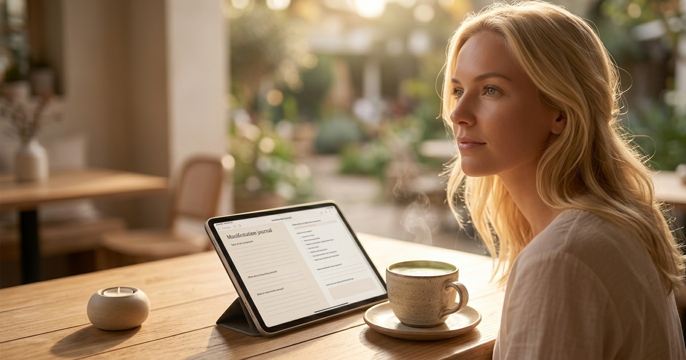 A woman at a sunlit café table, eyes soft and gaze distant, an open digital manifestation journal on her iPad beside a warm matcha — the morning light catching the steam from her cup, the whole scene radiating intentional calm and magnetic presence