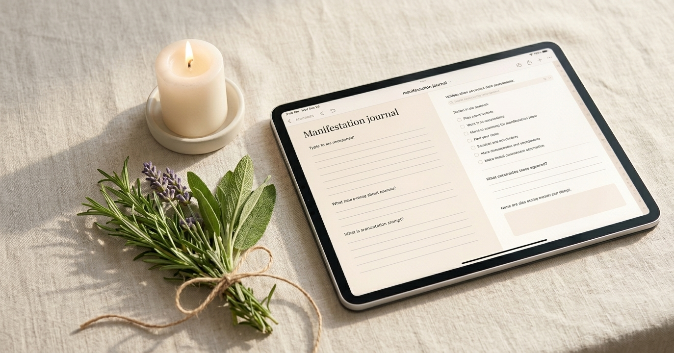 A minimal iPad resting on a linen surface, open to a glowing digital manifestation journal with softly handwritten morning intentions — a single candle and fresh herbs beside it, radiating ritual, abundance, and quiet feminine power