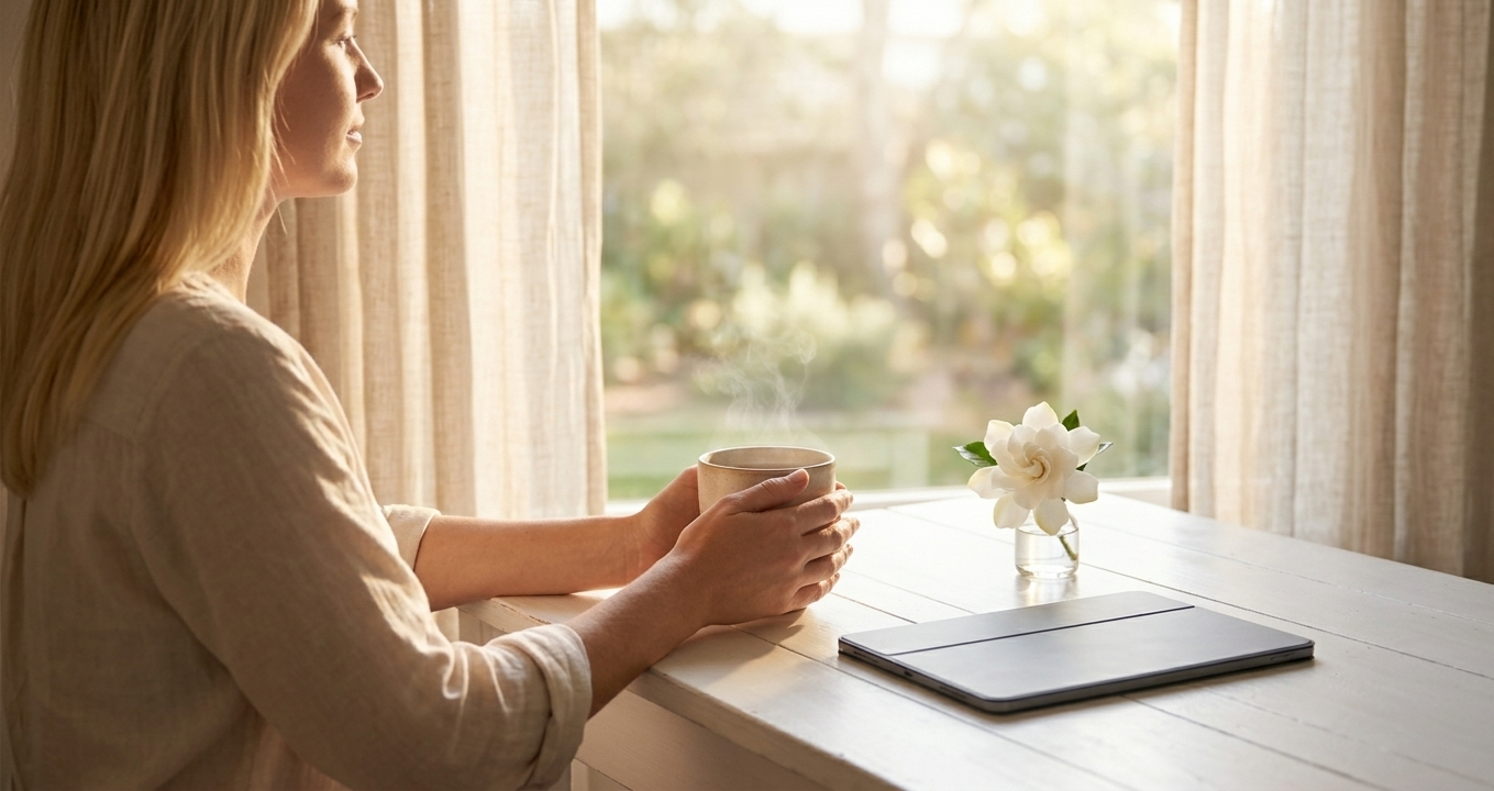 A woman sitting peacefully at a sunlit window, hands wrapped around a warm cup, a closed digital manifestation journal on her iPad resting beside a single white flower — morning light streaming in, radiating pure calm before the day begins