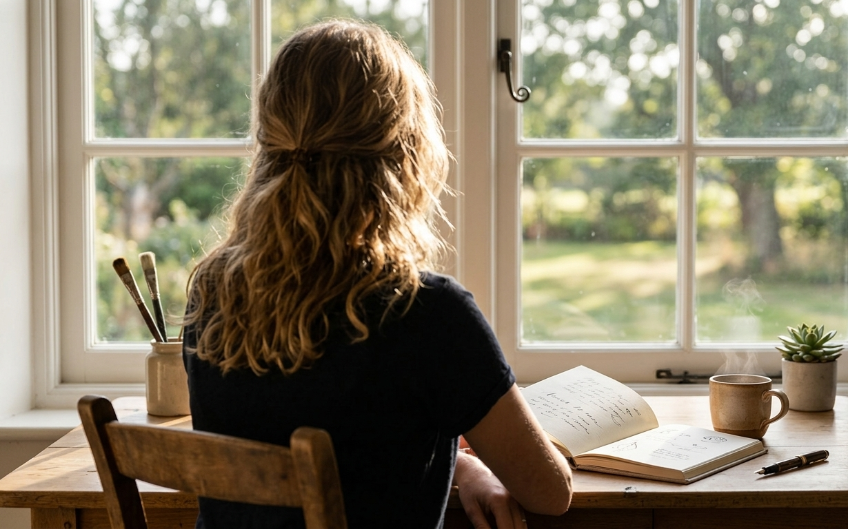 A woman sitting peacefully at a sunlit desk with a journal and a warm cup of tea, gazing softly out the window in quiet creative contemplation