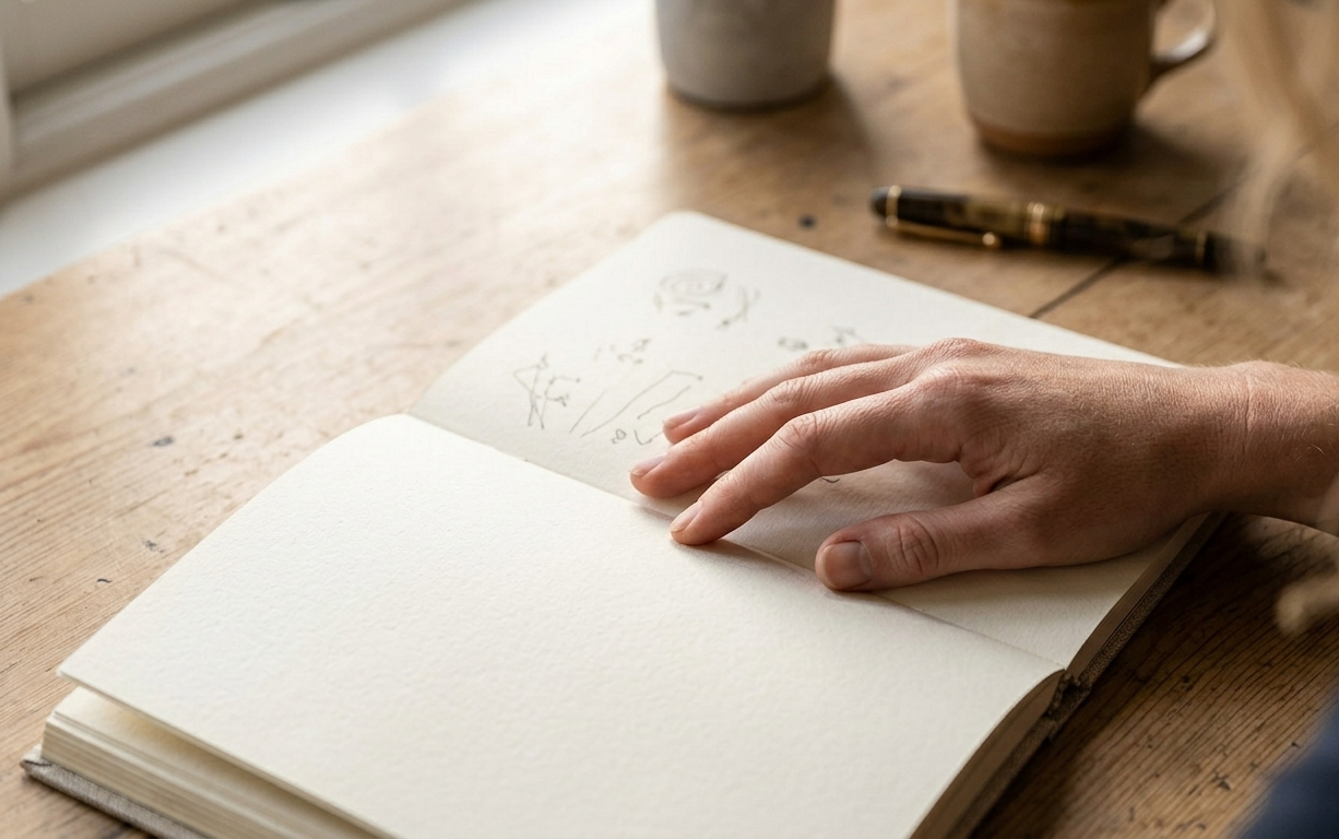 A woman's hand resting gently on an open journal, soft morning light warming the page — a moment of quiet readiness before creating