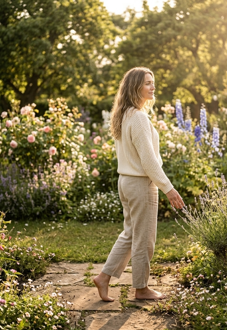 A woman walking barefoot through a sunlit garden path, relaxed and unhurried, trusting the moment — an image of ease and creative surrender
