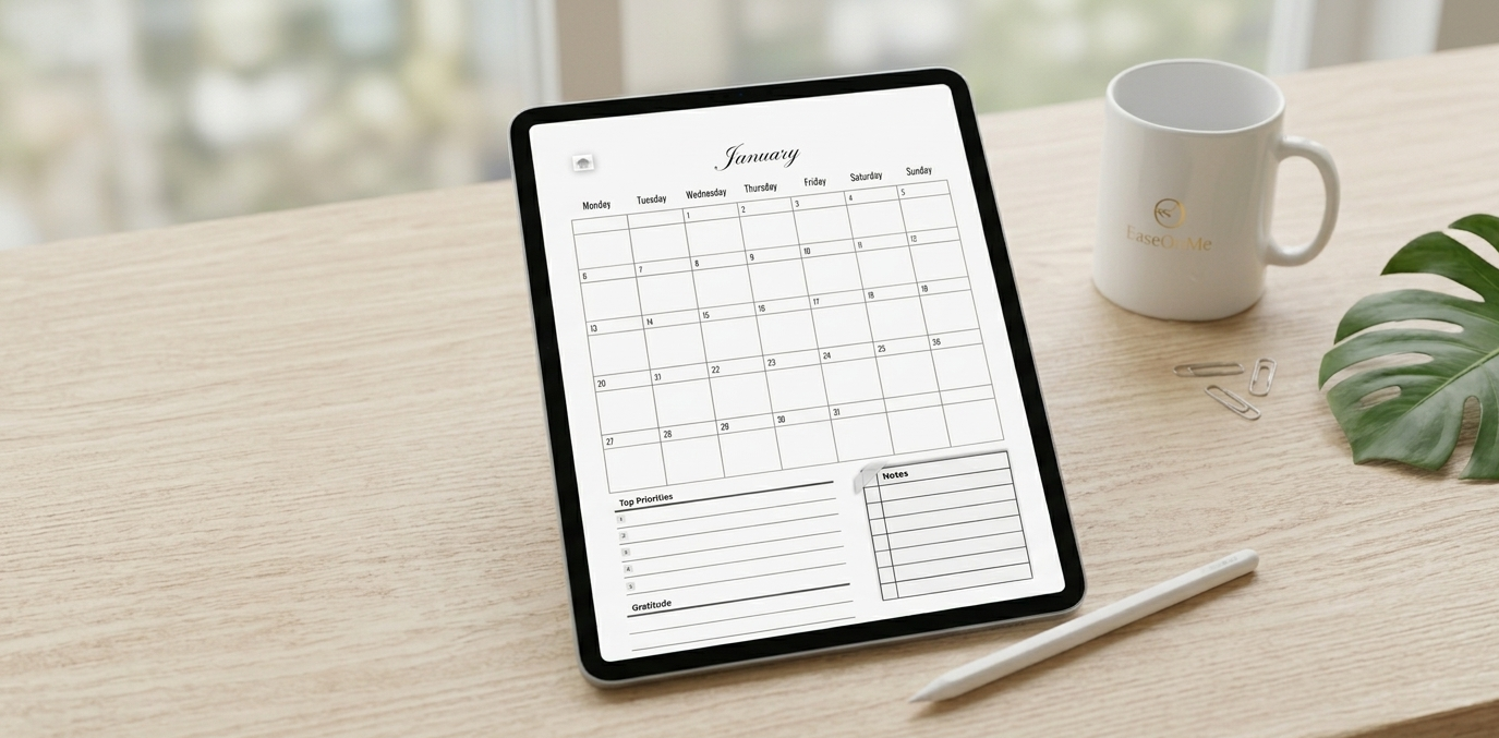 iPad with Apple Pencil and digital planner open on a styled desk