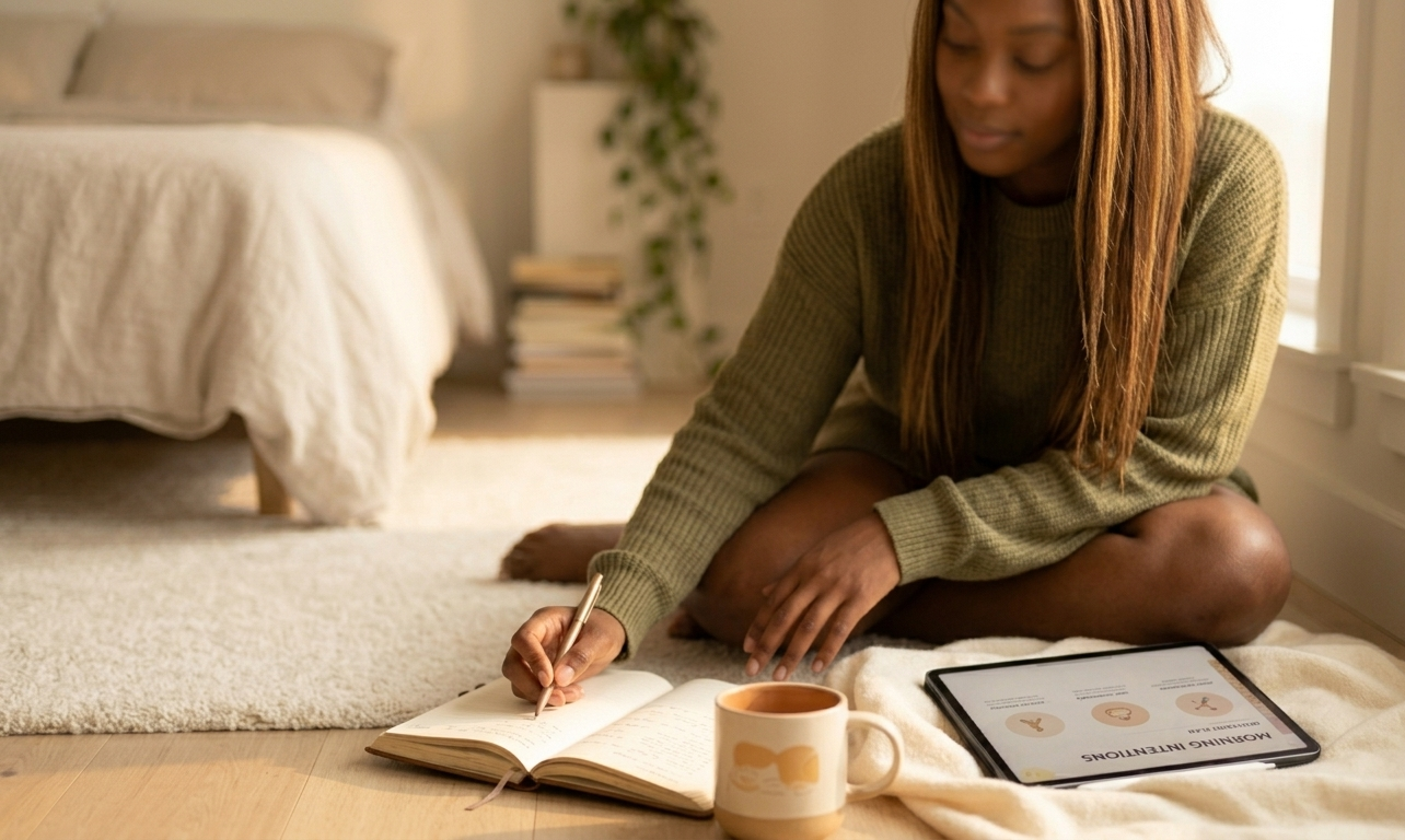 A woman sitting peacefully in soft morning light, an open digital wellness journal on her iPad in her lap, a warm cup of tea beside her — a quiet moment of intention before movement