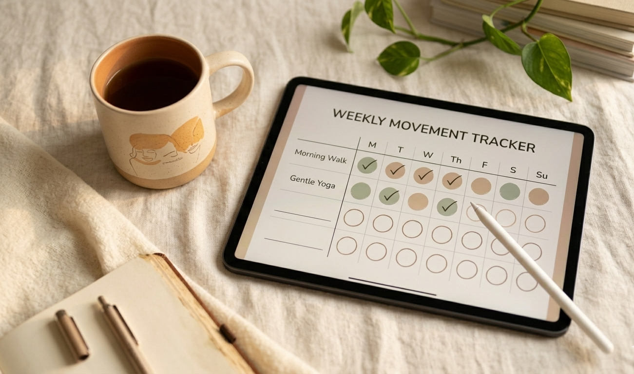 A flat lay of an iPad with a digital wellness planner open to a movement tracker page — soft weekly habit circles filled with gentle marks, a morning cup of tea beside it, natural cream light