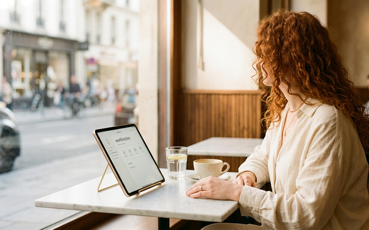 A woman sitting at a sun-drenched café window, a glass of water and an open digital manifestation journal on her iPad resting on the marble table — her posture radiates quiet certainty, her gaze soft and inward, as though she already knows exactly who she is becoming
