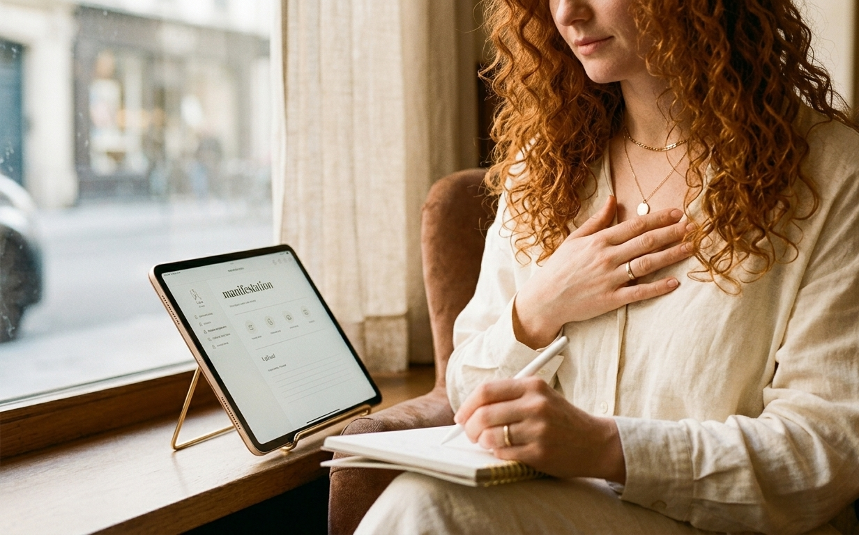 A woman writing in an open digital manifestation journal on her iPad in the soft amber light of early morning, one hand pressed gently to her chest — practicing the feeling of the wish fulfilled before the day begins
