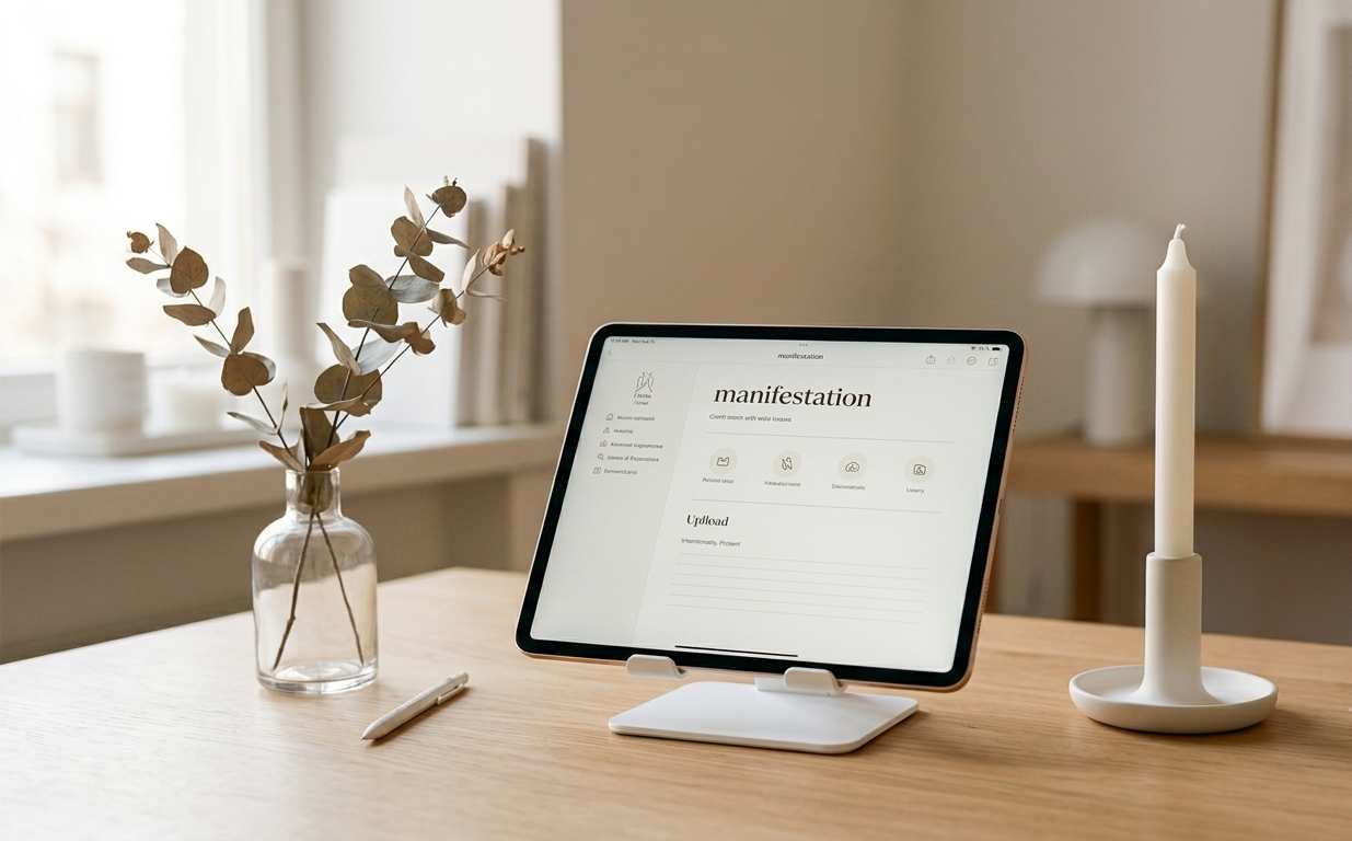 A minimal, elegantly arranged desk with a single white candle, a small vase of dried botanicals, and an iPad open to a beautifully designed digital manifestation journal — the scene radiates quiet intentionality and personal luxury