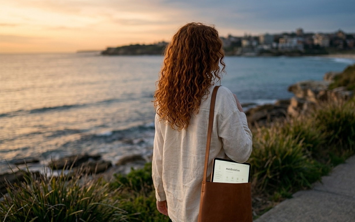 A woman walking slowly along a quiet coastal path, a tote bag over her shoulder with an iPad visible inside — her pace is deliberate and unhurried, her gaze forward, radiating the kind of calm that comes from someone who knows exactly where she is going