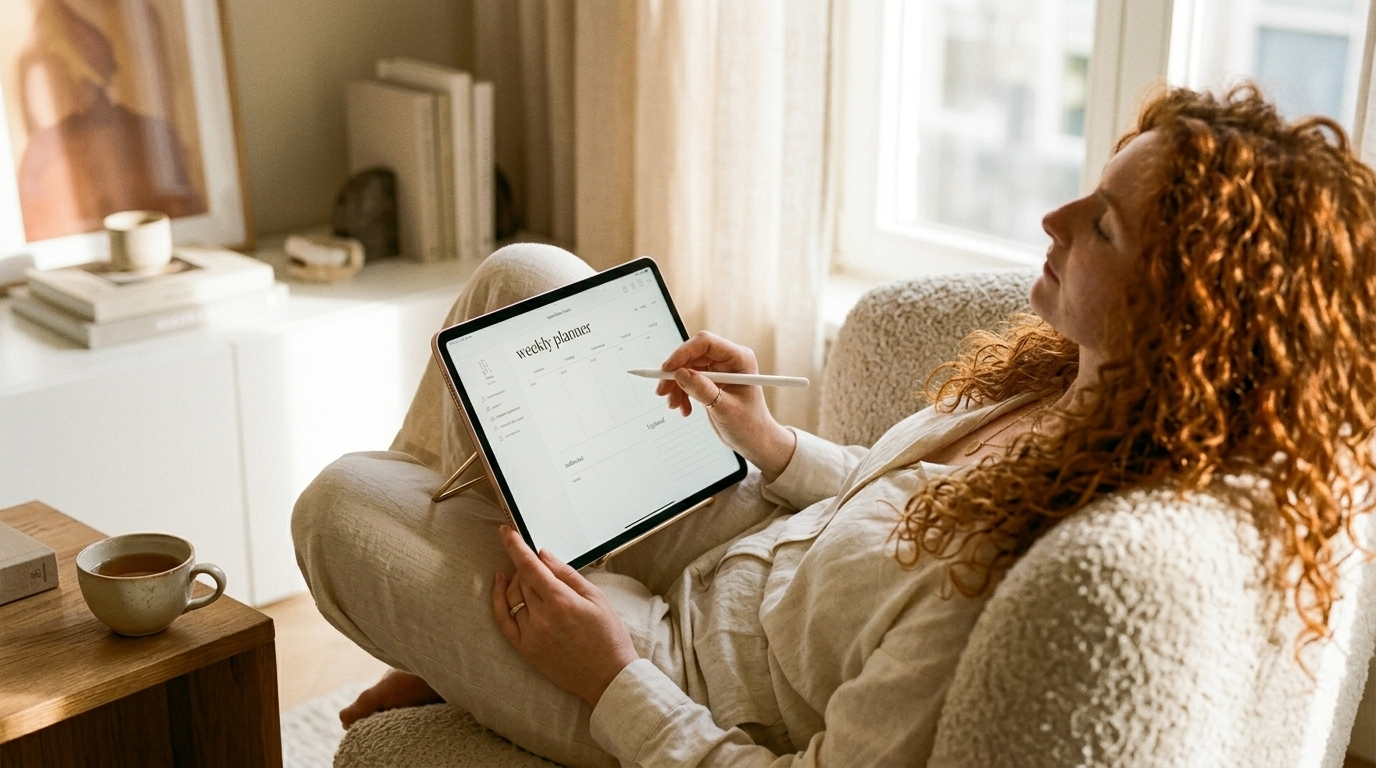 A woman reclining in a soft armchair in warm afternoon light, iPad in her lap open to a digital weekly planner, a cup of tea on the side table — the image radiates productive ease and intentional softness