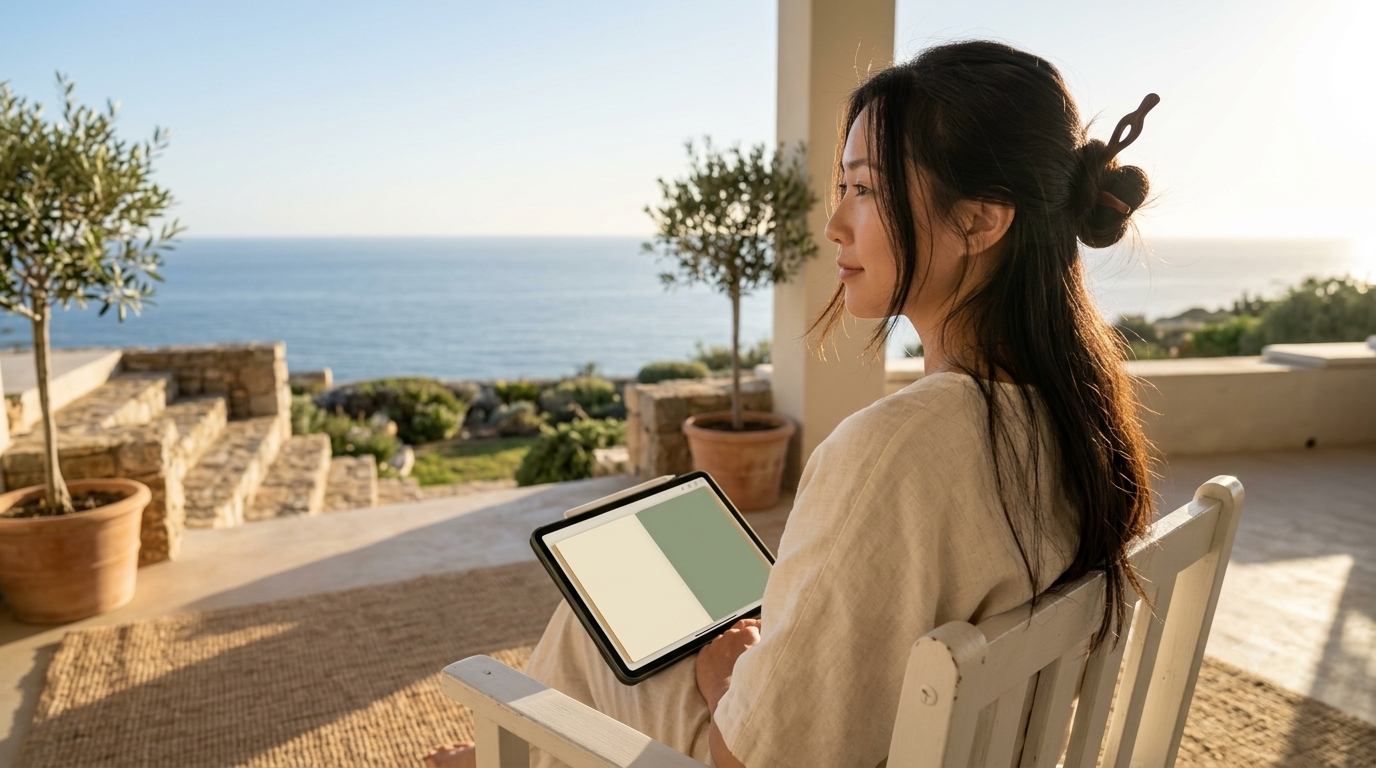 A woman sitting alone on a sun-drenched terrace, her open digital self-reflection journal resting on her lap, gaze soft and turned toward the horizon — the quiet exhale of someone who has finally chosen to release the past and come home to herself
