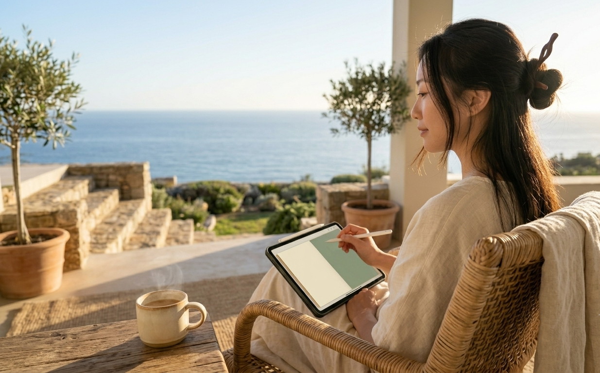 A woman at a quiet café corner, writing reflectively in a digital self-discovery journal open on her iPad, a warm drink beside her — the atmosphere soft and contemplative, as though she is having a conversation with herself on the page